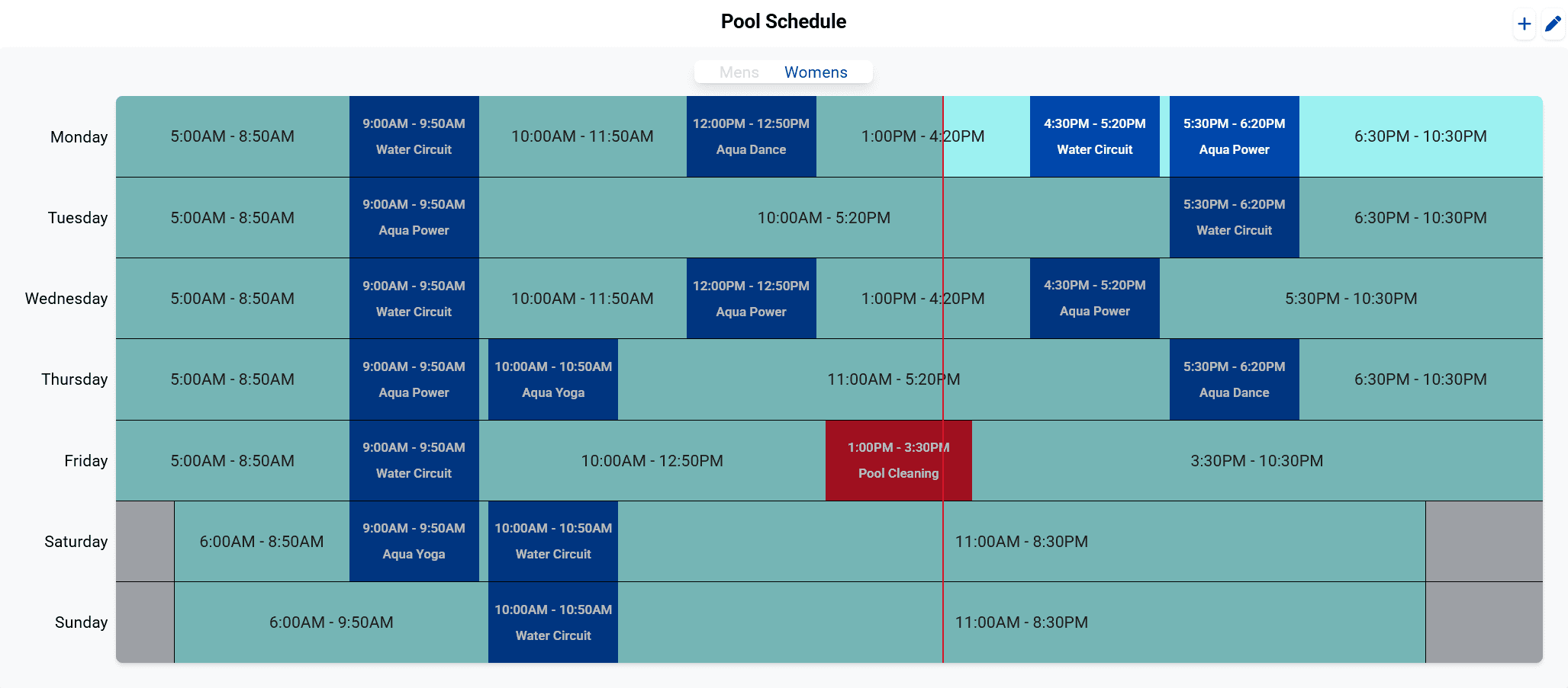 Screenshot of Cobalt Axis’ Facility Schedule module, showing a Pool Schedule with classes